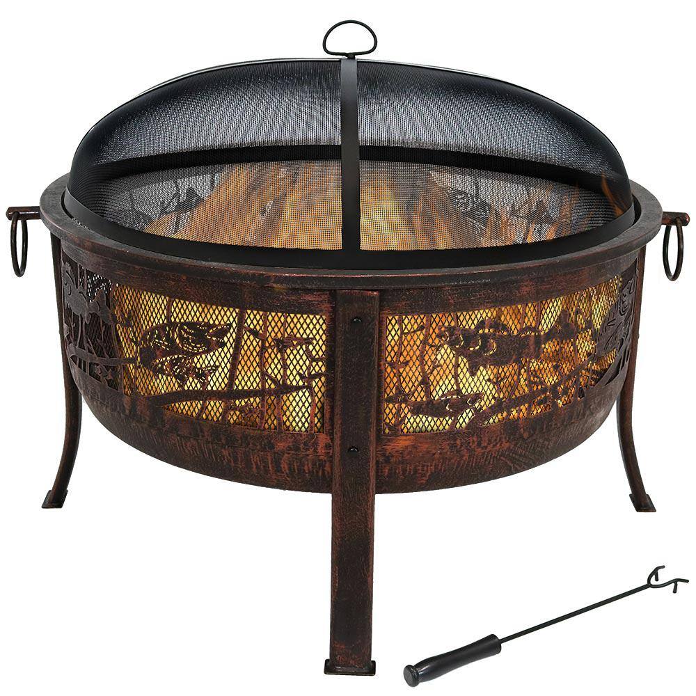 Sunnydaze Decor 30 in. x 25 in. Steel Northwoods Fishing Wood Burning Fire Pit with Spark Screen KF-NFFP31