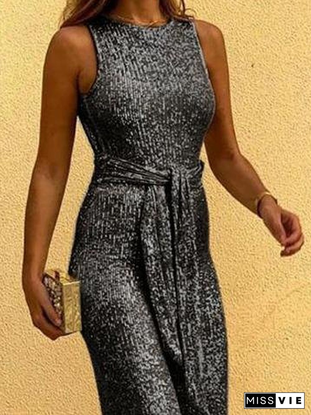 Round Neck Sleeveless Sequin Jumpsuit