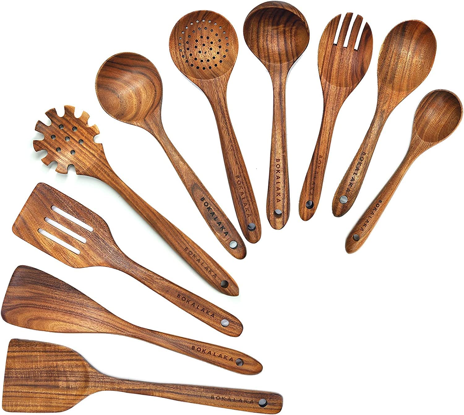 BOKALAKA Wooden Spoons for Cooking，10 Pcs Natural Teak Wooden Kitchen Utensils Set Wooden Utensils for Cooking Wooden Cooking Utensils Wooden Spatulas for Cooking