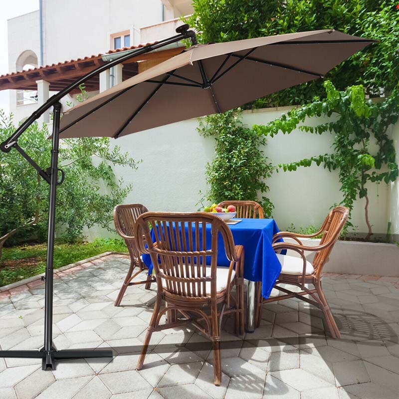 10 FT Patio Offset Umbrella with Solar Lights 360° Rotation Outdoor Market Umbrella with Crank Handle & Cross Base