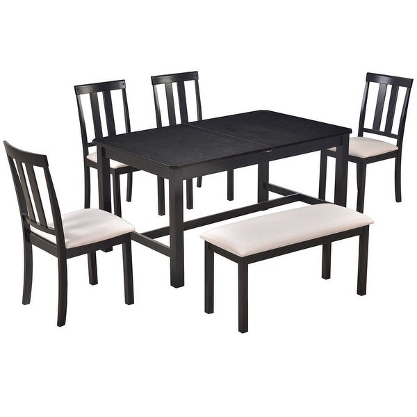 Vintage 6-piece kitchen table with adjustable length table in solid wood with 4 upholstered chairs and benches