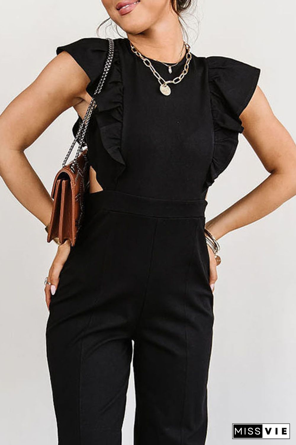 Black Cut Out Ruffle Sleeve High Waist Jumpsuit