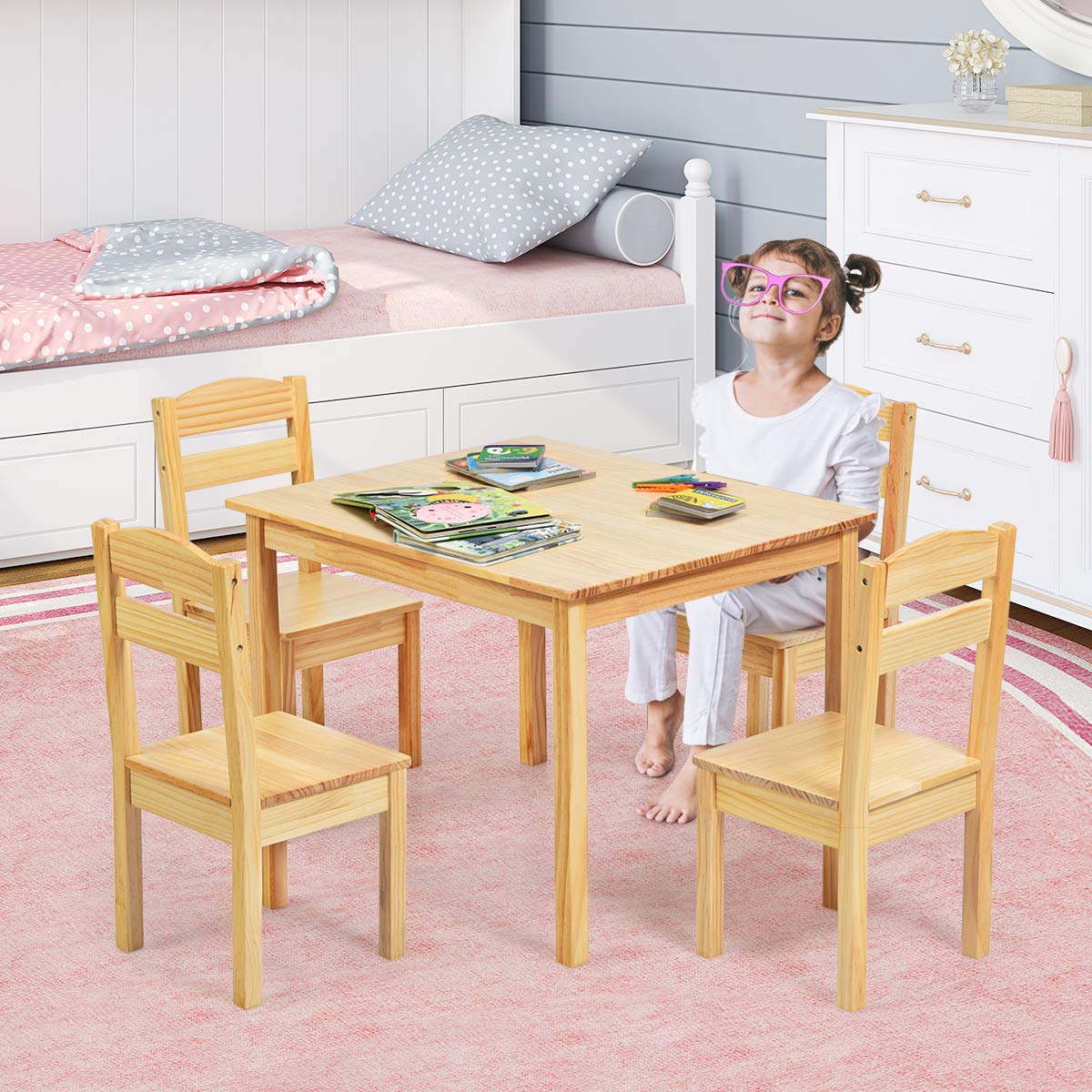 Costzon Kids Table and Chair Set, 5 Piece Wood Activity Table & Chairs (Natural)