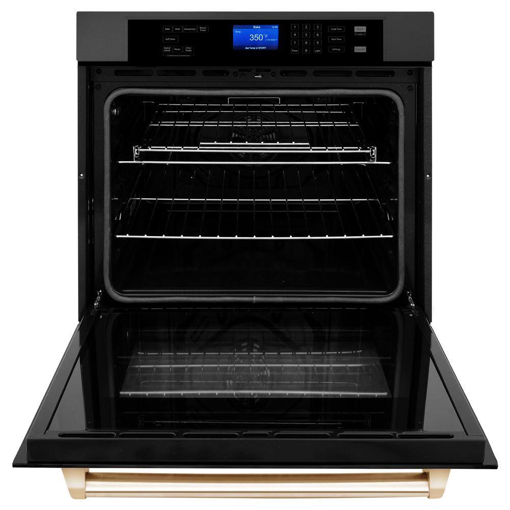 ZLINE Kitchen and Bath Autograph Edition 30 in. Single Electric Wall Oven with True Convection and Gold Handle in Black Stainless Steel AWSZ-30-BS-G