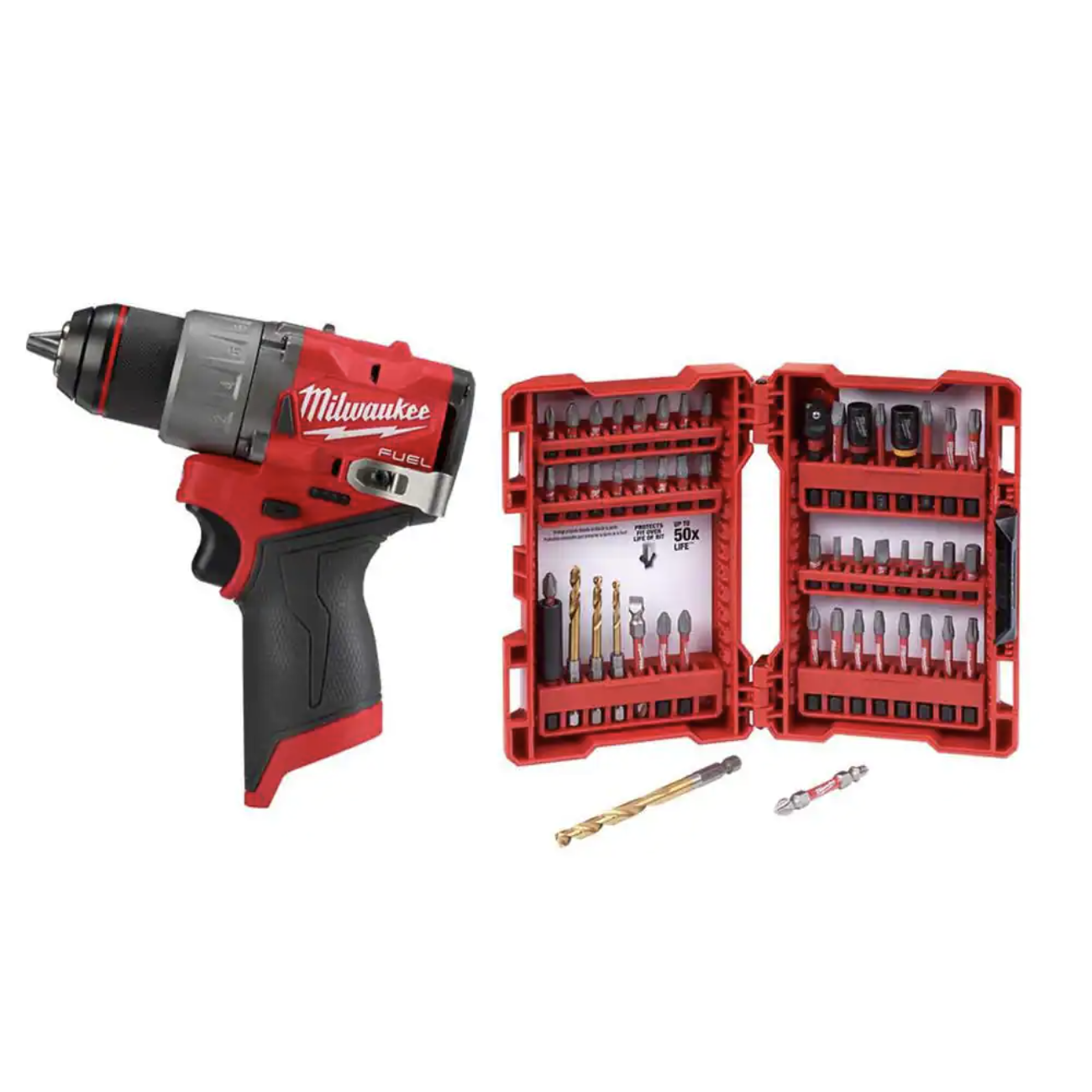 Milwaukee M12 FUEL 12V Lithium-Ion Brushless Cordless Drill Driver (Tool-Only) with SHOCKWAVE Screw Driver Bit Set