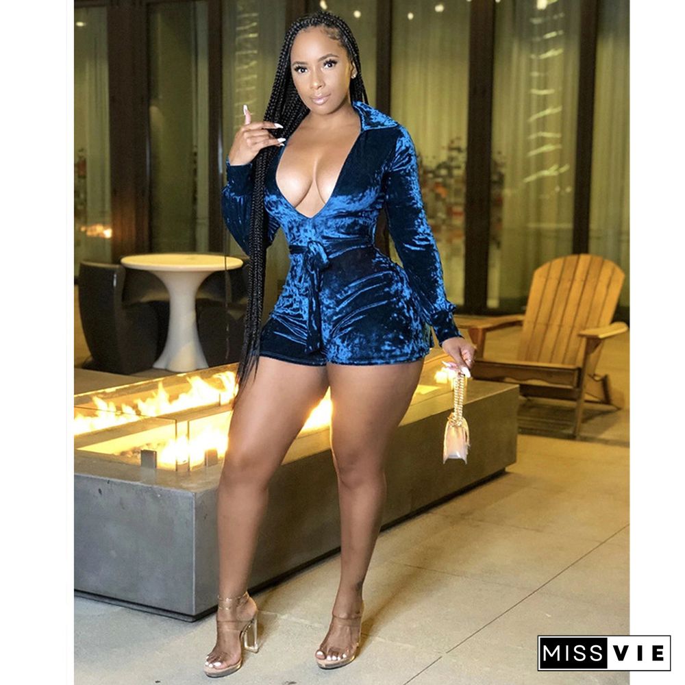 Velvet Solid V Neck Long Sleeve High-waist Short Rompers