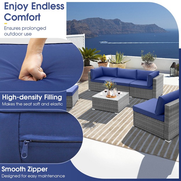 Tangkula 6pcs Patio Conversation Furniture Set Rattan Sectional Sofa Set W Navy Cushions