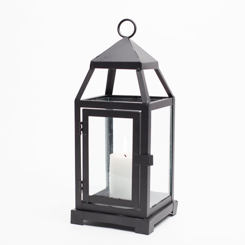 Richland Black Contemporary Metal Lantern with Clear Glasses - Small