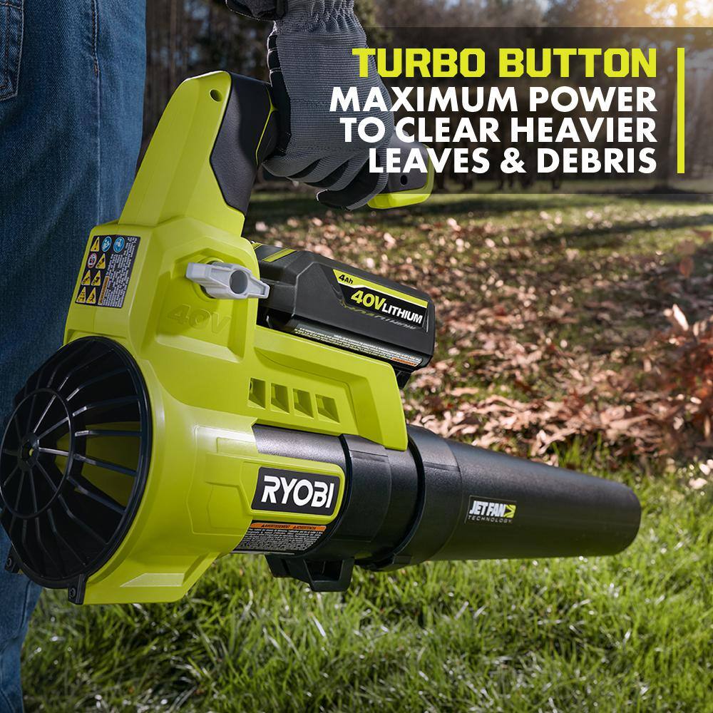 RYOBI 40V 110 MPH 525 CFM Cordless Battery Variable-Speed Jet Fan Leaf Blower with 4.0 Ah Battery and Charger RY40480