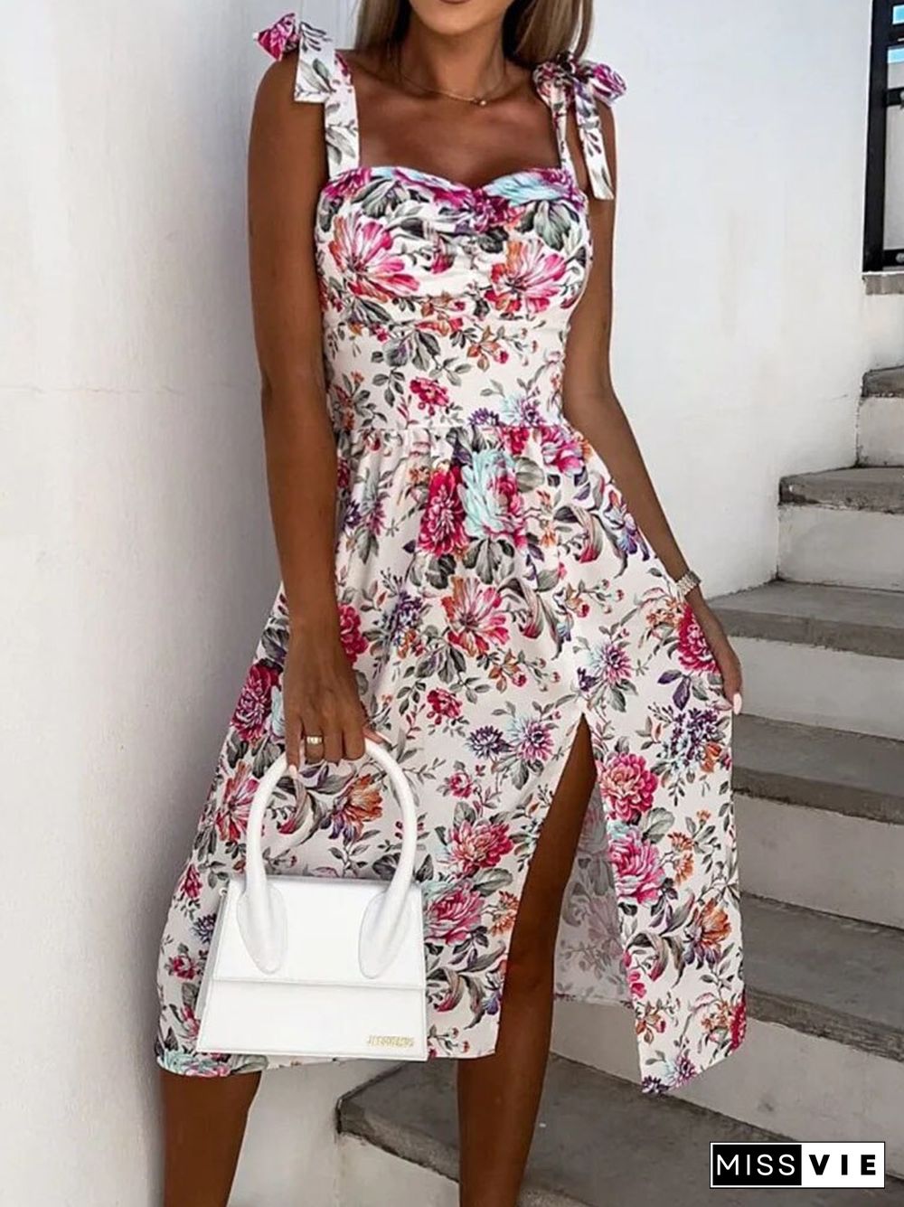 Sexy Bow Strap Printed Club A-line Dress Fashion Slim Slit Sleeveless Summer Dress Beach One Shoulder Backless Women ​Midi Dress