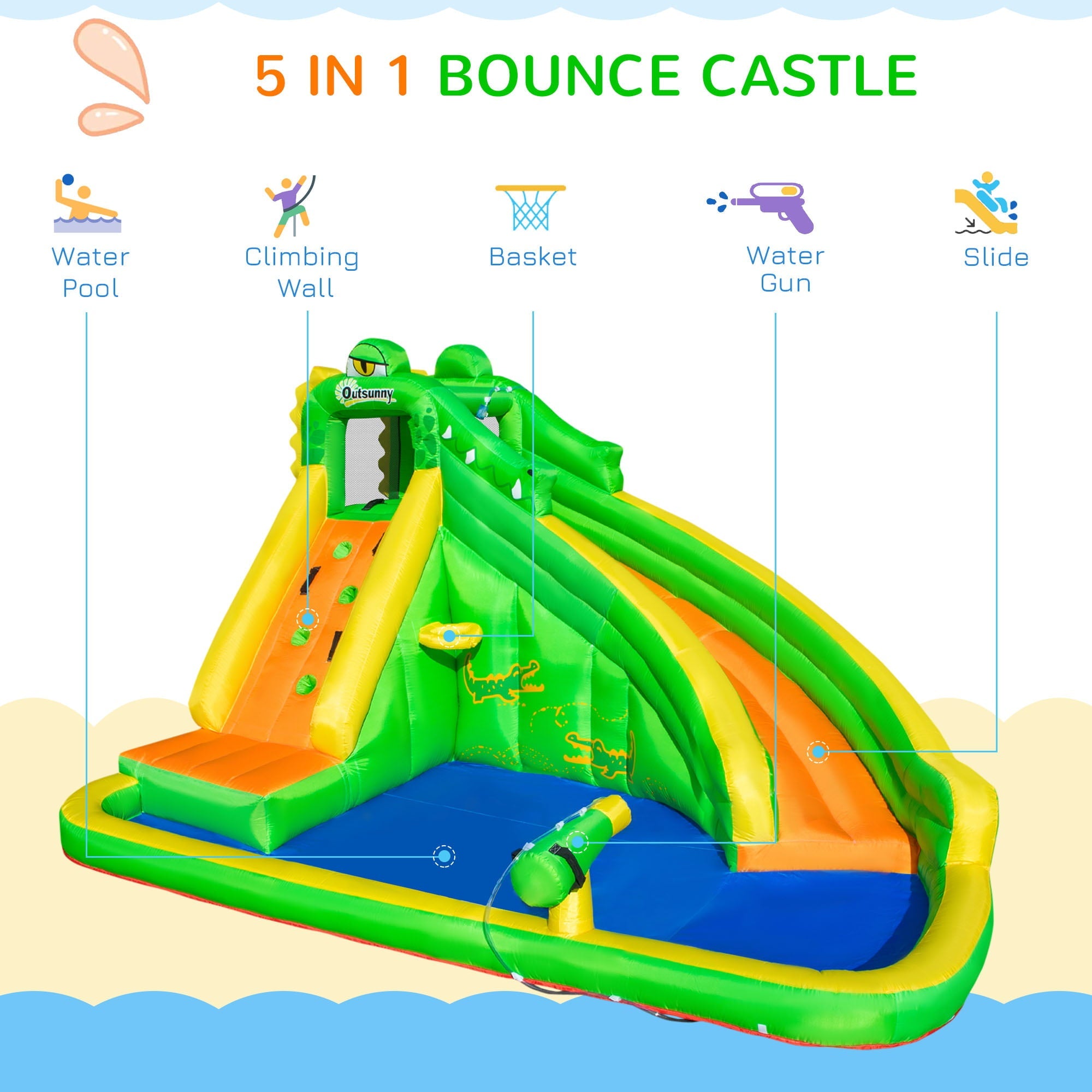 Outsunny 5 in 1 Inflatable Water Slide, Crocodile Style Water Park Bounce House Castle with Slide, Pool, Hoop, Water Cannon, Climbing Wall, Include Air Blower