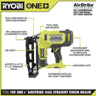 RYOBI ONE+ 18V Cordless 18-Gauge AirStrike Brad Nailer Kit with 16-Gauge AirStrike Finish Nailer 1.5 Ah Battery and Charger PCL1202KN1