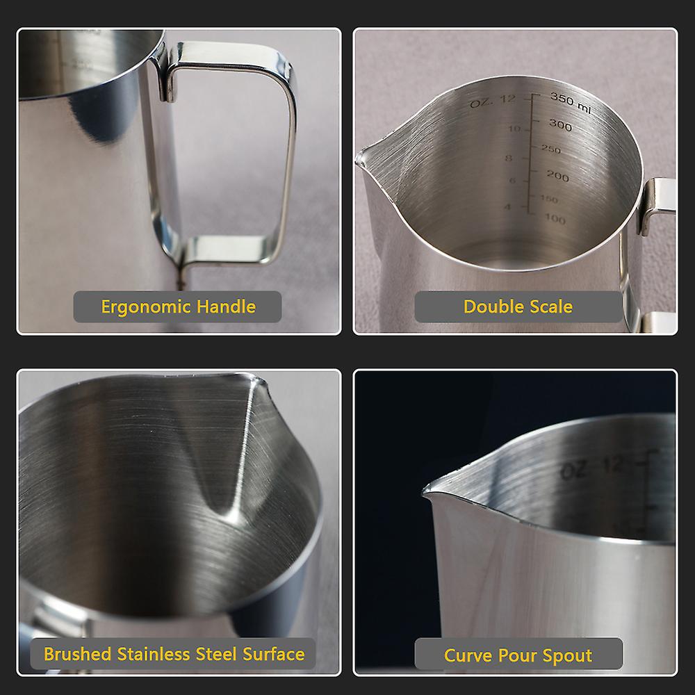 Silver Milk Frothing Pitcher 350ml/ 12oz Espresso Steaming Pitcher With Double Measurements Scales Stainless Steel Frother Steamer Cup