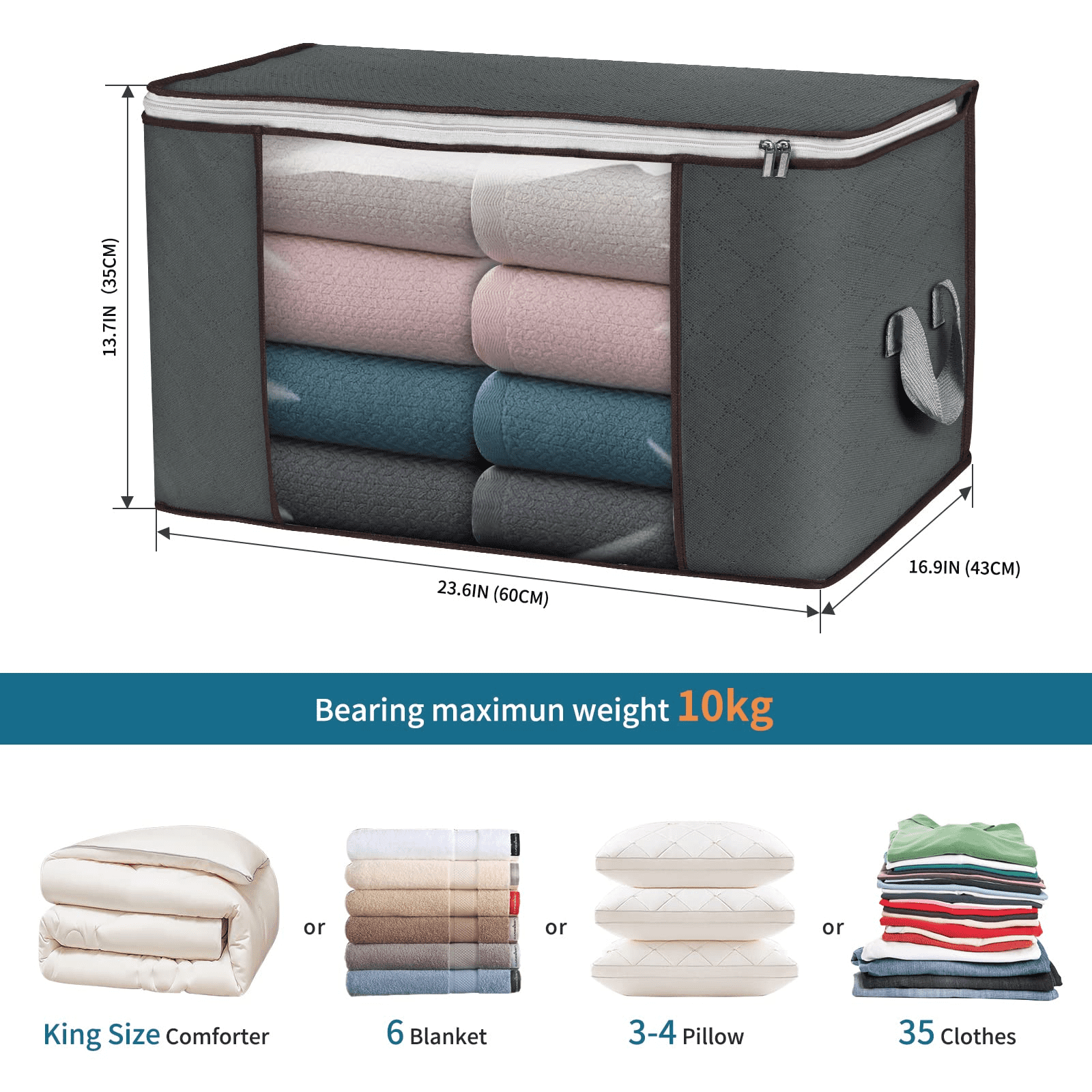 4 Pack Large Clothes Storage, Clothes Storage Bins Foldable Closet Organizer Storage Containers with Lids and Handle for Organizing Bedroom, Clothing, Comforter, Sweater and Organization, Grey