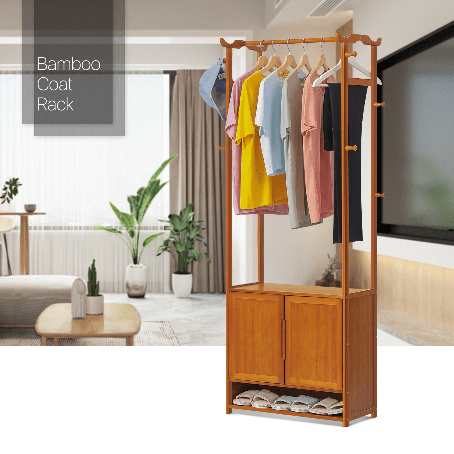 MoNiBloom Bamboo 3 Tiers Coat Rack with Door， Clothes Shoes Storage Shelf， Brown， for Bedroom