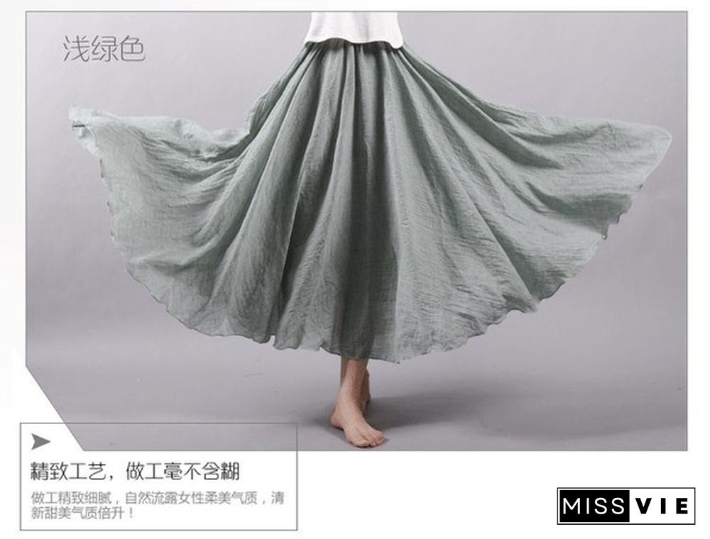 Women Linen Cotton Long Skirts Elastic Waist Pleated Maxi Skirts Beach Boho Vintage Summer Skirts Faldas Saia