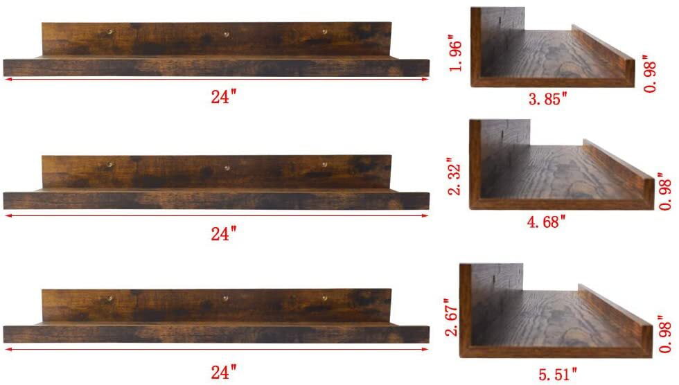 Rustic Floating Wall Shelves Set of 3, Brown 24 inch Wall Mounted Storage Shelf for Kitchen, Home, Bedroom