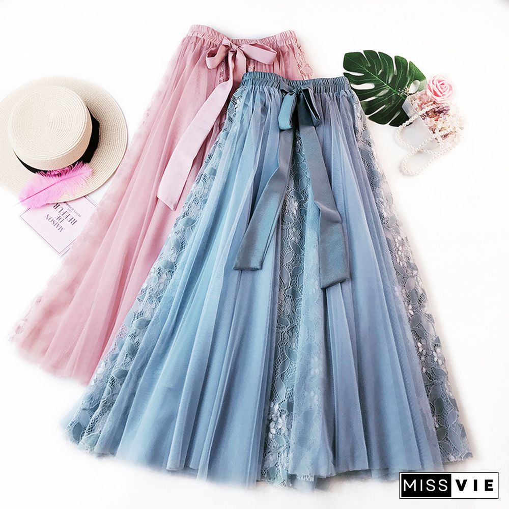 Fashion Tutu Tulle Skirt Women Long Maxi Skirt Korean Cute Bow High Waist Pleated Skirt Female School Sun Spodnica