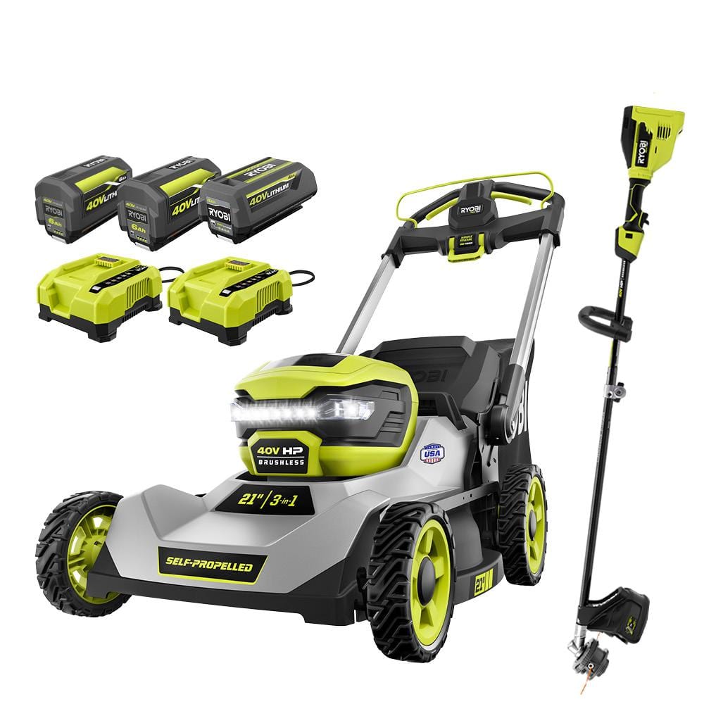 RYOBI 40V HP Brushless 21 in. Cordless Walk Behind Self-Propelled Lawn Mower & Trimmer - (3) Batteries/(2) Rapid Chargers RY401140-4X