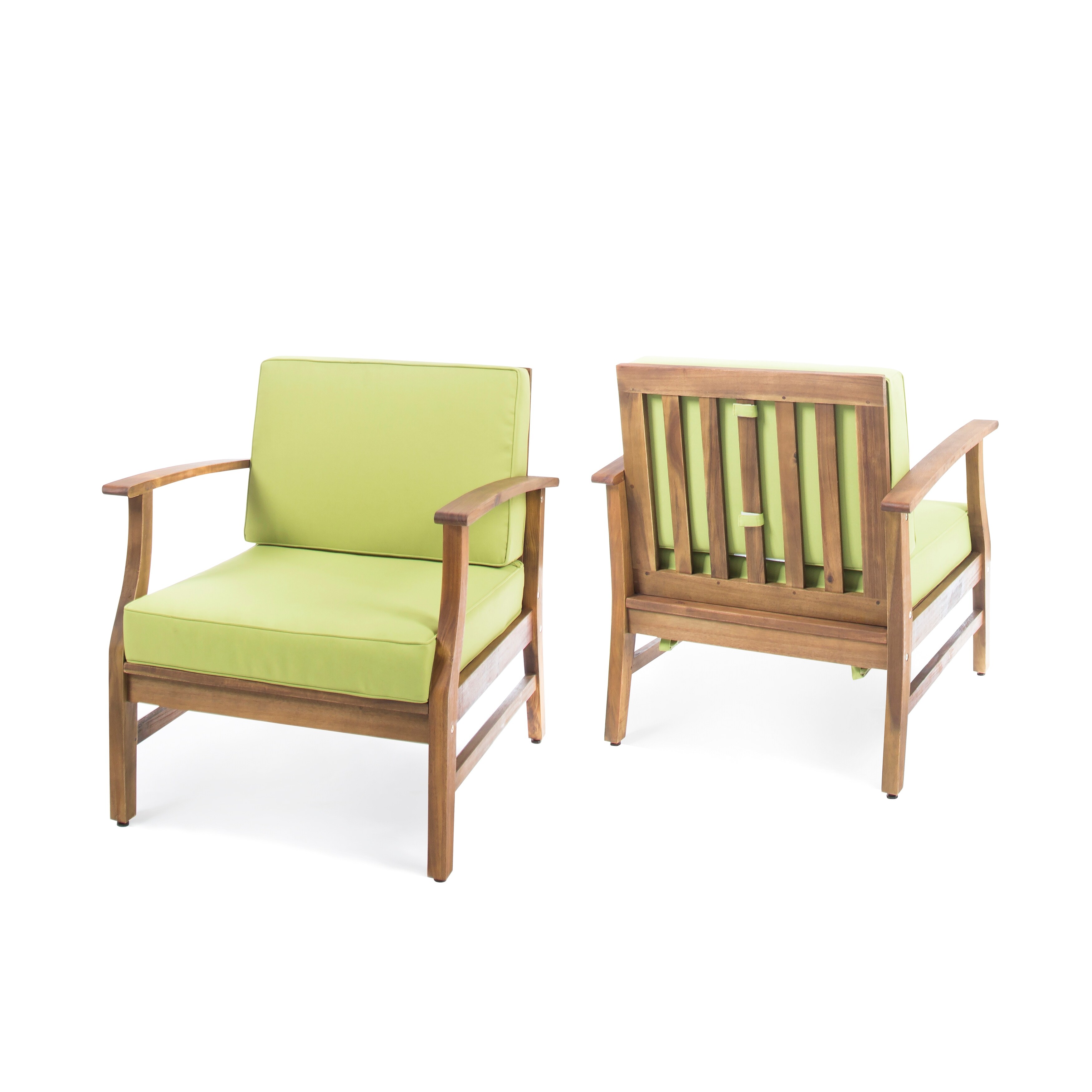 Zavier Outdoor Acacia Wood Club Chairs With Cushion， Teak Finish， Green