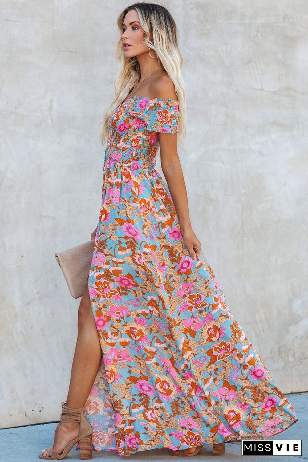 Sky Blue Floral Print Shirred Side Slit Off Shoulder Maxi Dress