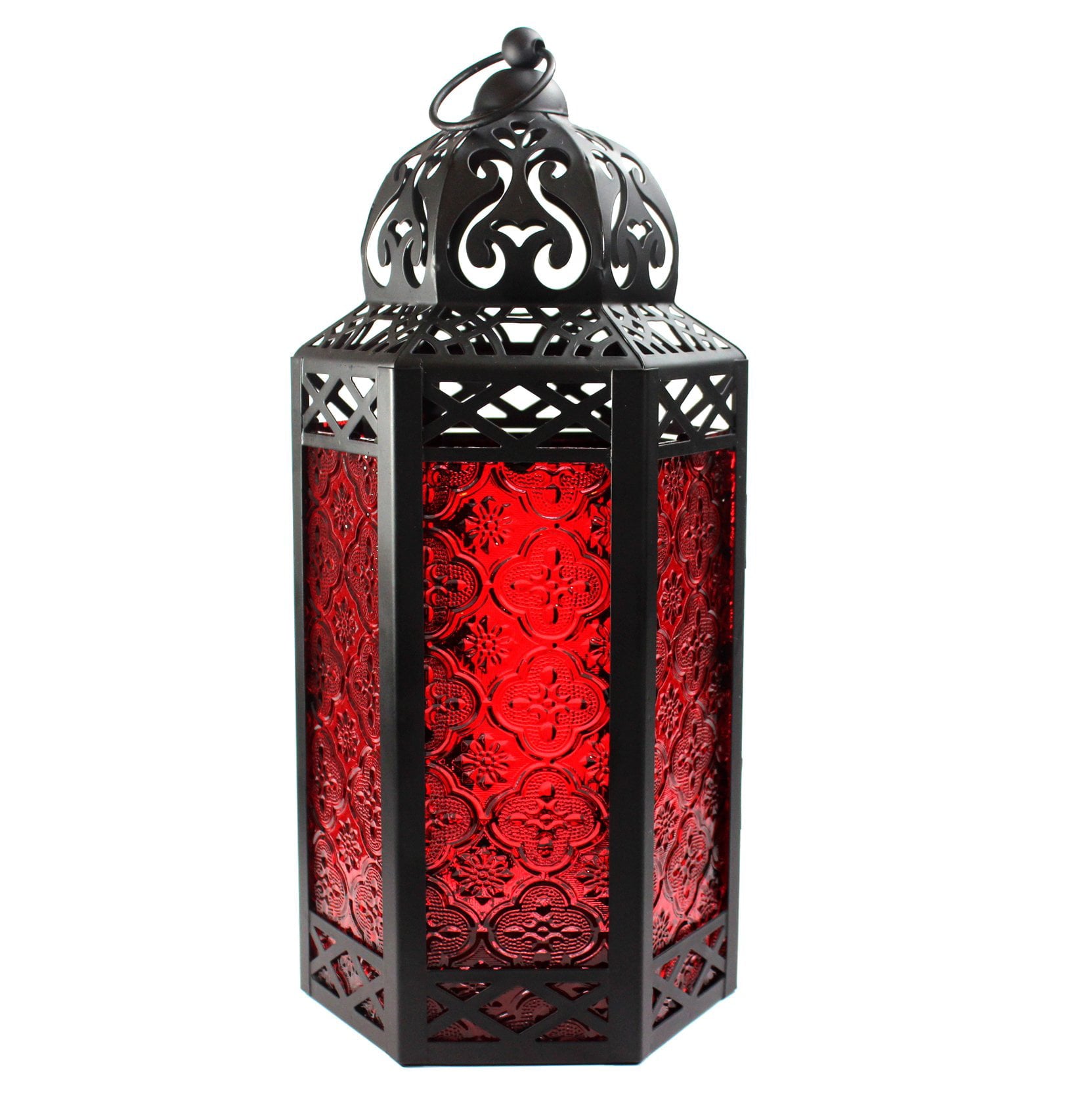 Moroccan Style Candle Lantern with LED Lights， Red Glass， Large