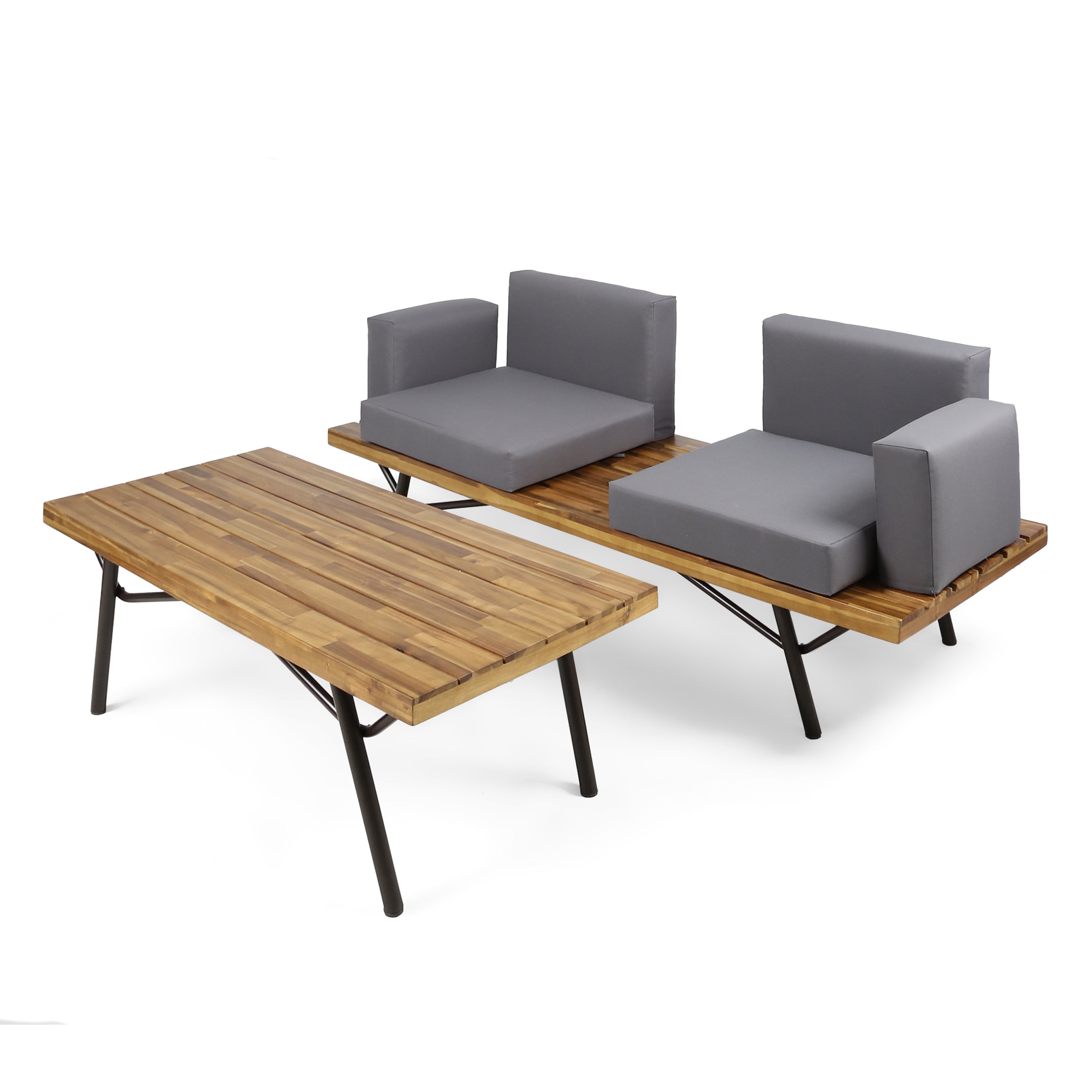 Nora Outdoor Acacia Wood Chat Set, Teak Finish and Dark Gray