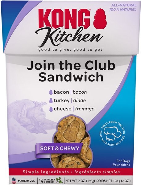 KONG Kitchen Join The Club Sandwich Grain-Free Bacon， Turkey and Cheese Chewy Dog Treats， 7-oz box