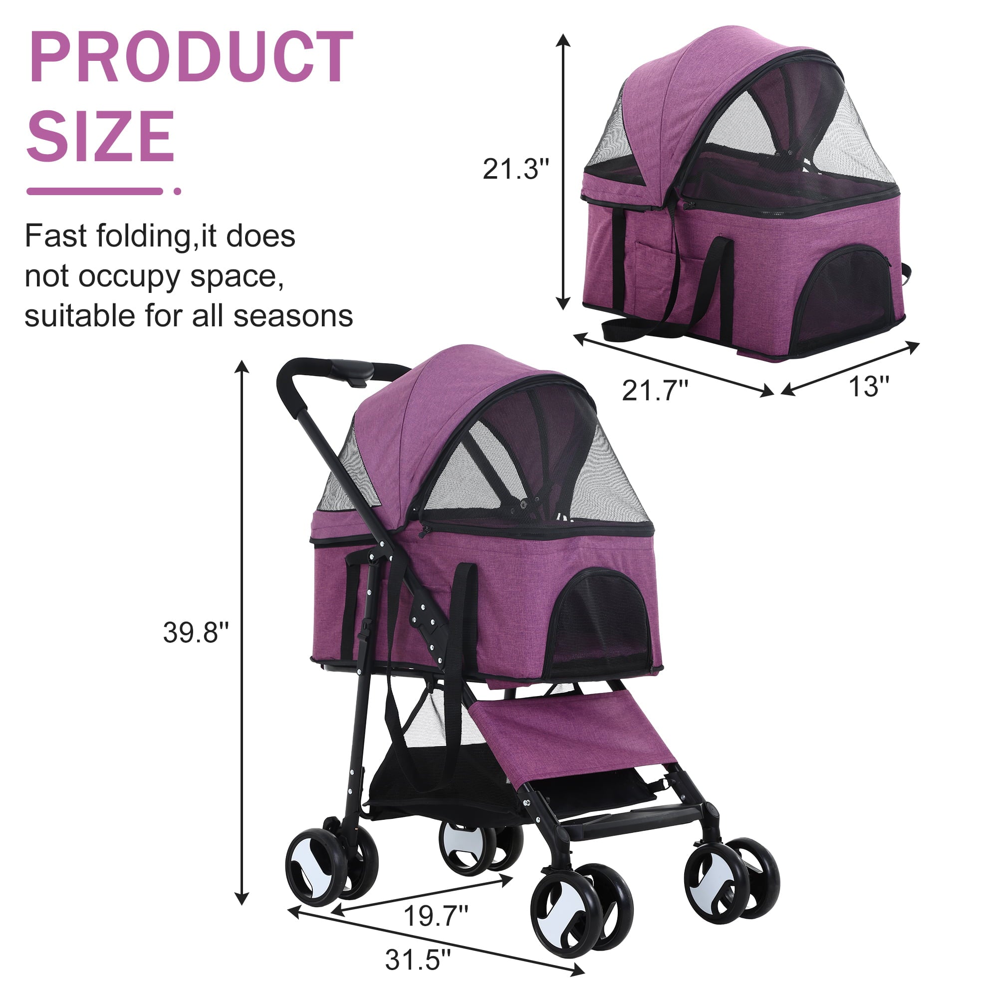 Folding Pet Stroller Dog Cat Stroller with Detachable Carrier Storage Basket, 3 in 1 Lightweight Waterproof Travel Stroller(Purple)