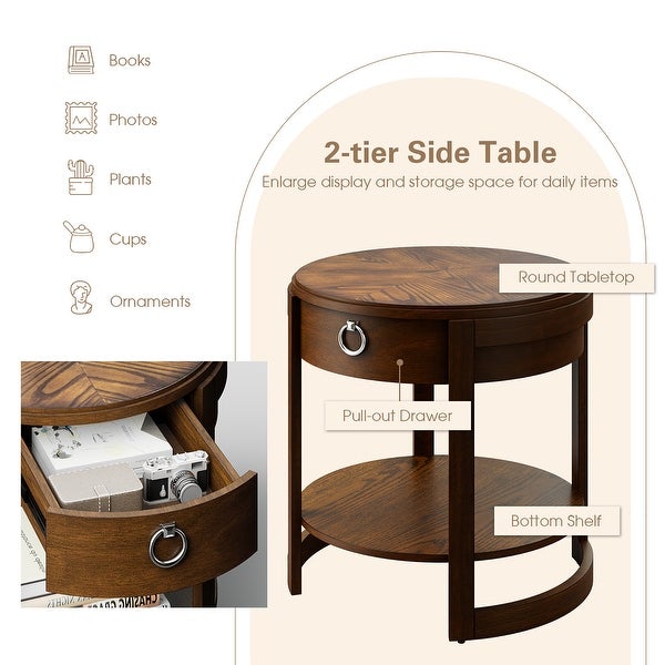 Round Side End Table with Drawer Storage Shelf Accents Nightstand