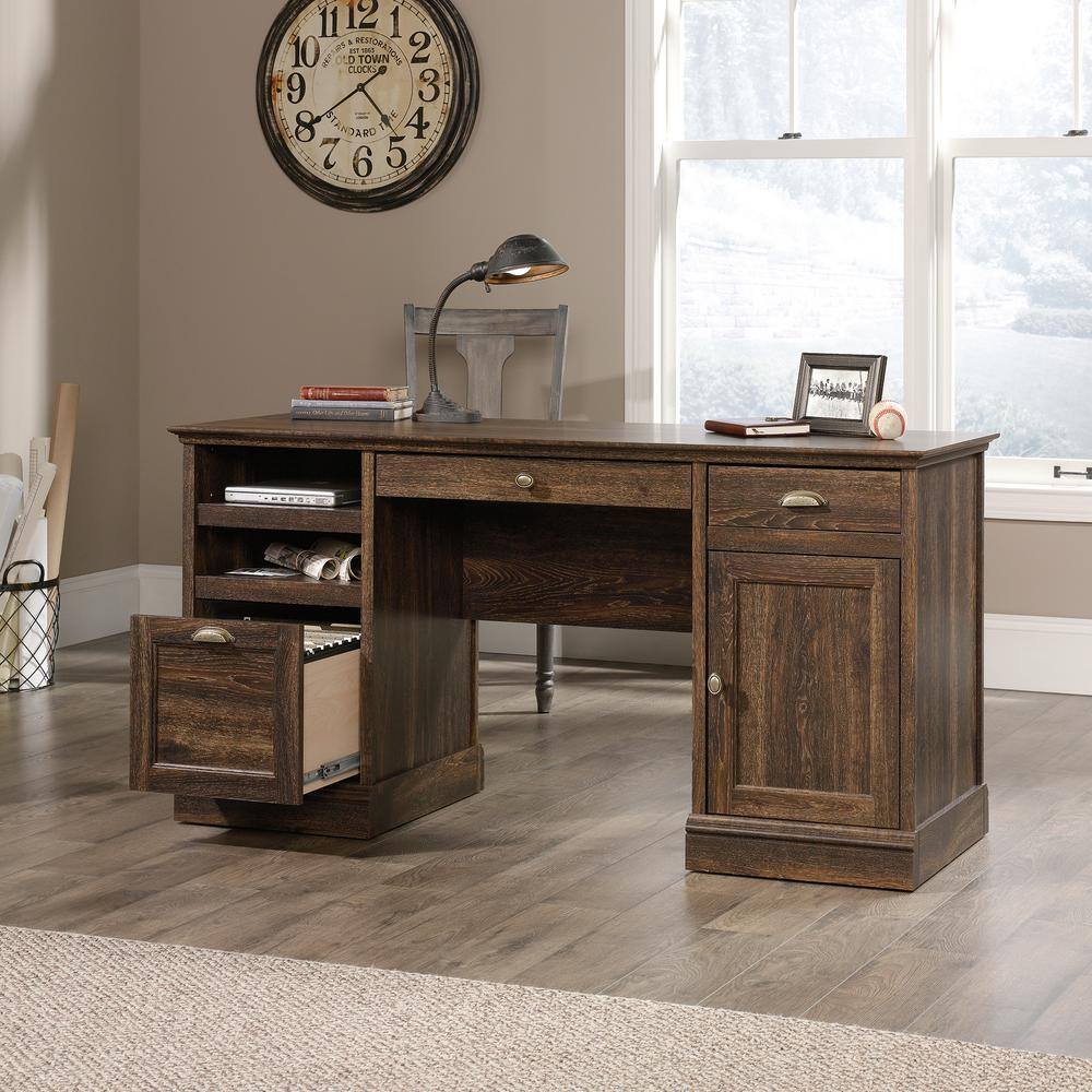 SAUDER 59 in. Rectangular Iron Oak 3 Drawer Executive Desk with File Storage 422706