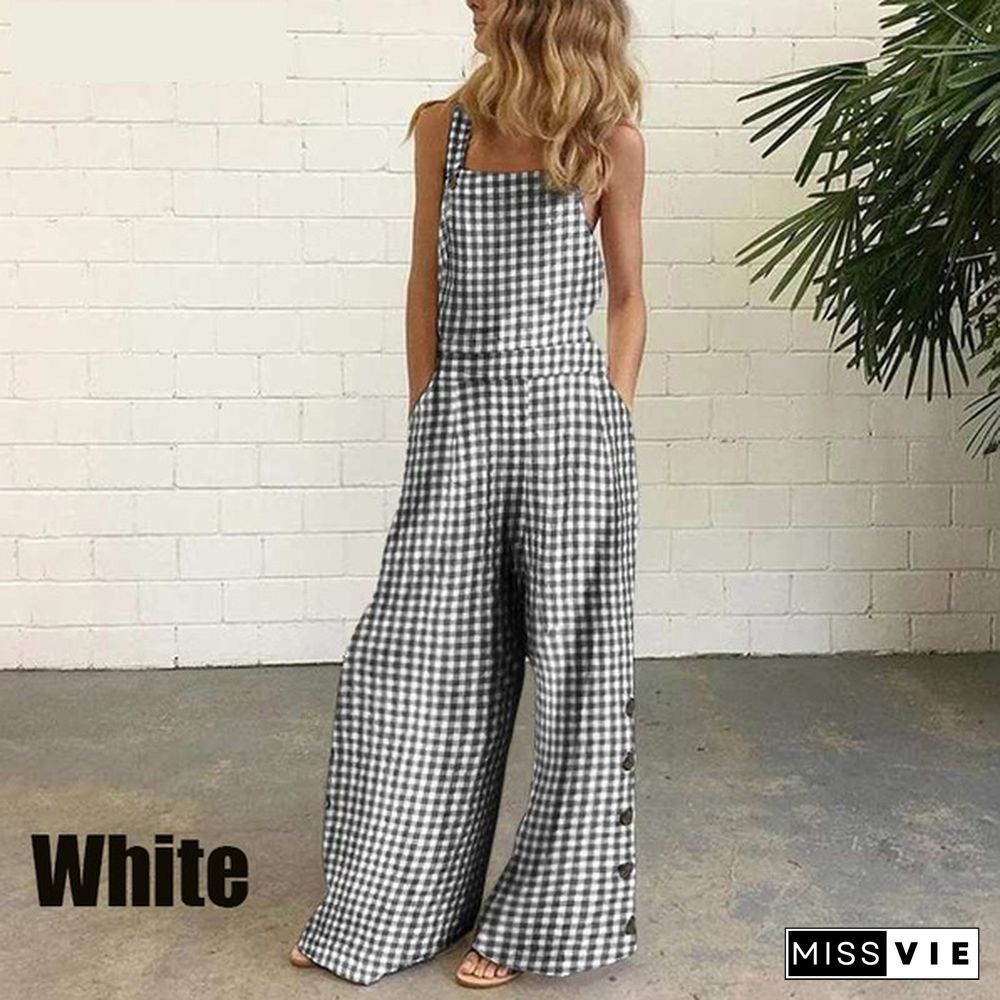 New Fashion Women's Summer Sleeveless Wide Leg Jumpsuit Rompers Plaid Pants with Pockets Long Trousers Suspenders Overalls Pantalon Femme