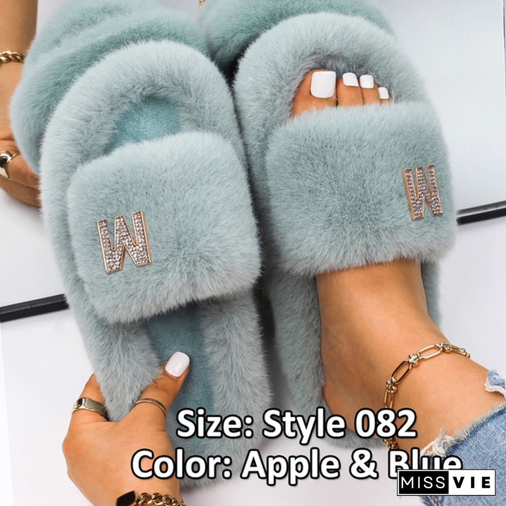 Fluffy Warm Women Home Slippers Fur Rhinestone Crystal Platform Shoes Indoor Flip Flops Female Soft Casual Slides Cotton Fur Slippers