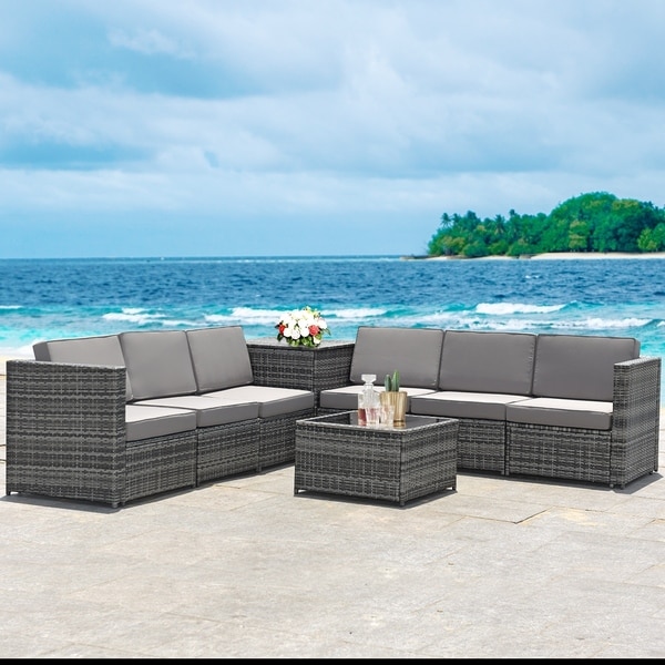 Outdoor 8PCS Rattan Wicker Sectional Cushioned Sofa Storage Table