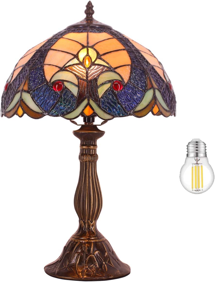 GEDUBIUBOO Tiffany Style Lamp Stained Glass Bedside Table Lamp Blue Yellow Liaison Reading Desk Light 12X12X18 Inches Decor Bedroom Living Room  Office S160E Series