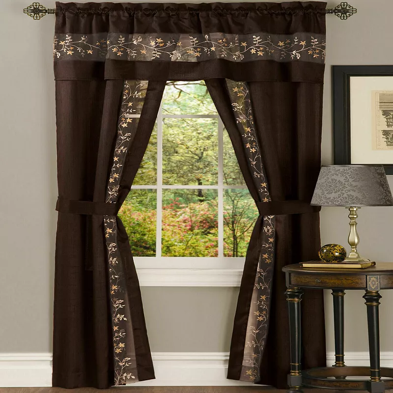 Kate Aurora Complete 5 Piece Embroidered Floral Attached Window in a Bag Sheer Curtain Set