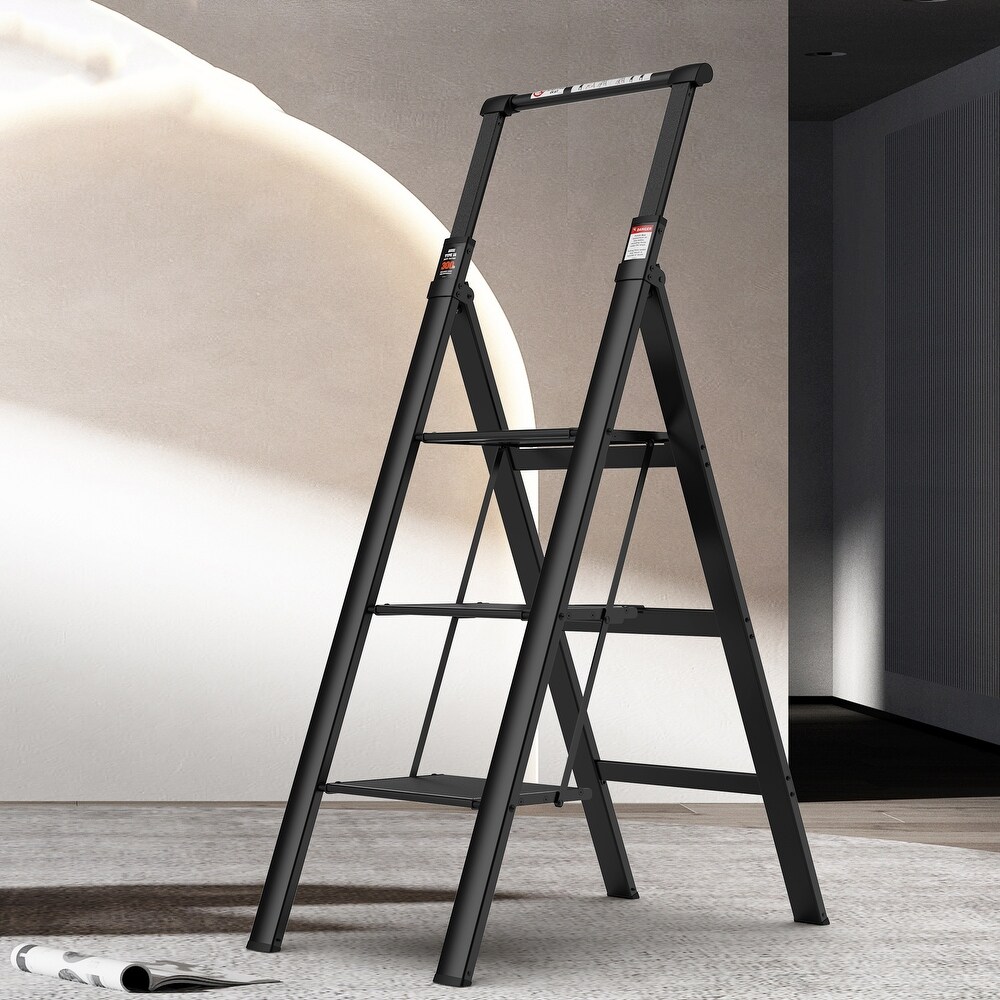 Retractable Handgrip Folding 3 Step Ladder with Anti Slip Wide Pedal