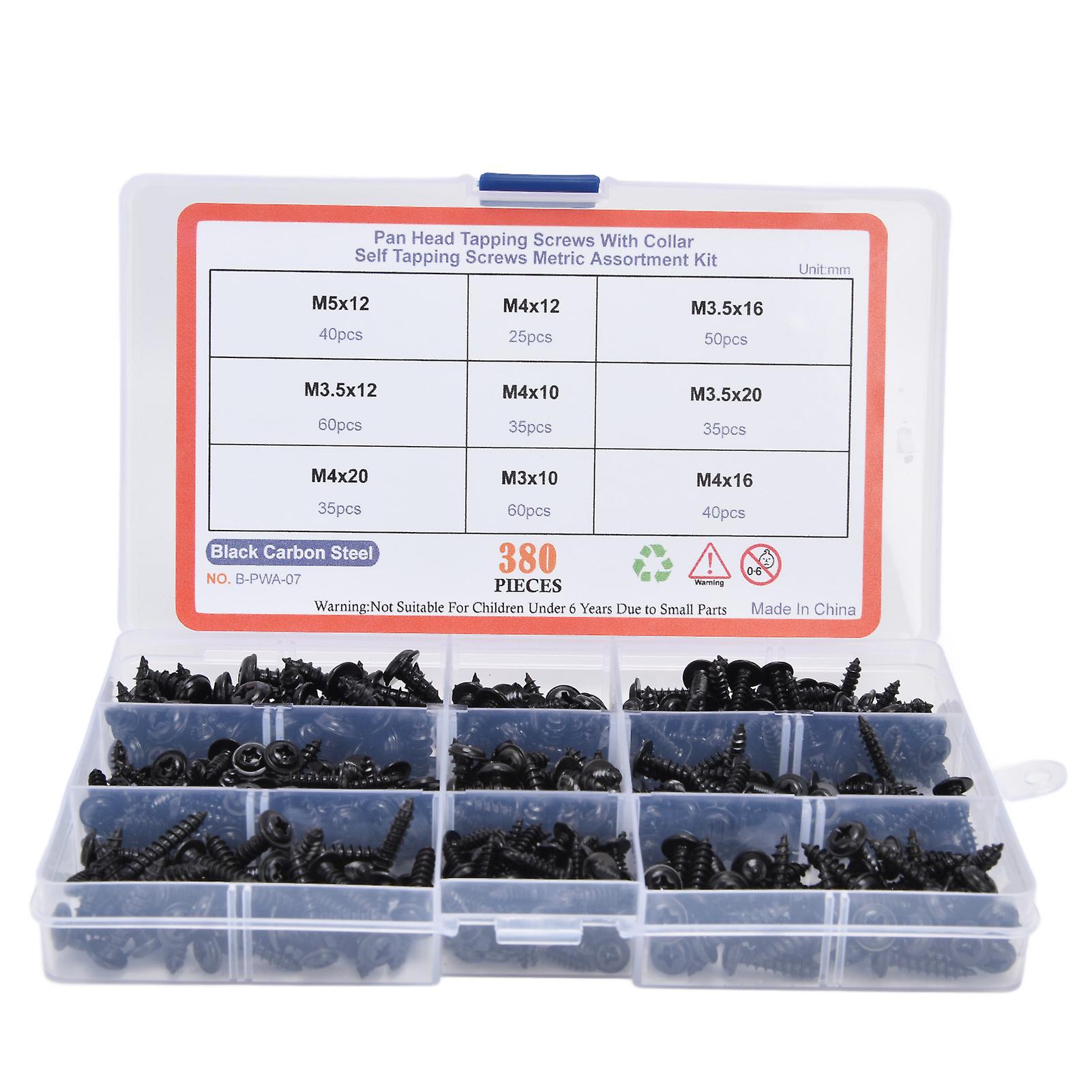 380pcs Self Tapping Screws Kit Black Carbon Steel Round Head Self Drilling Screw Assortment