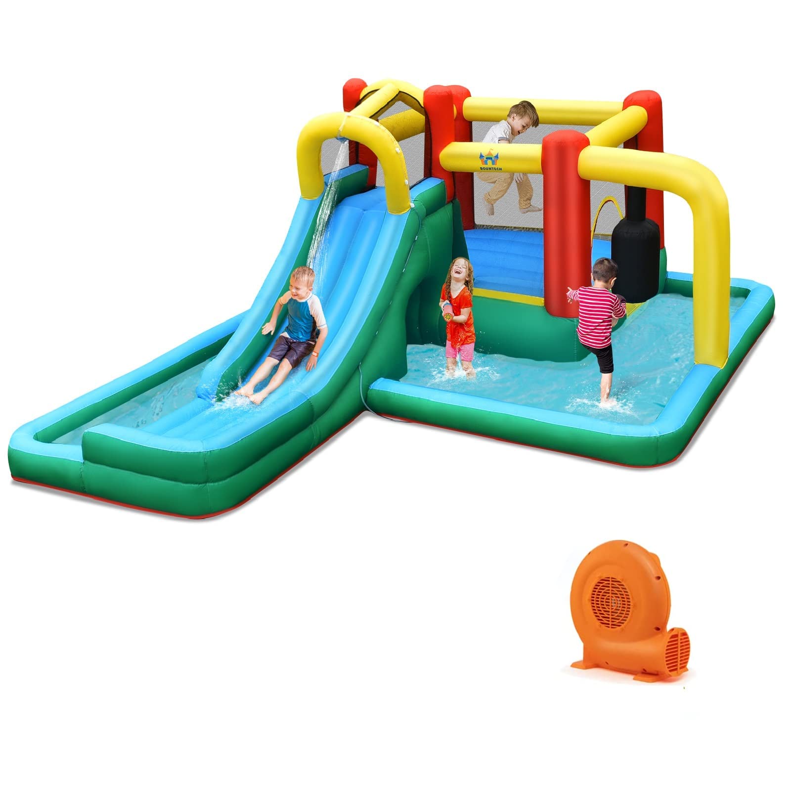 BOUNTECH 6-in-1 Kids Water Bounce House Jumping Castle for Wet Dry Combo with Long Slide