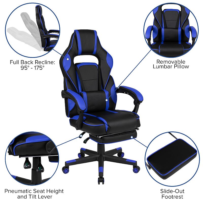 Emma and Oliver Black Ergonomic Gaming Chair -Recline Back/Arms， Footrest， Massaging Lumbar