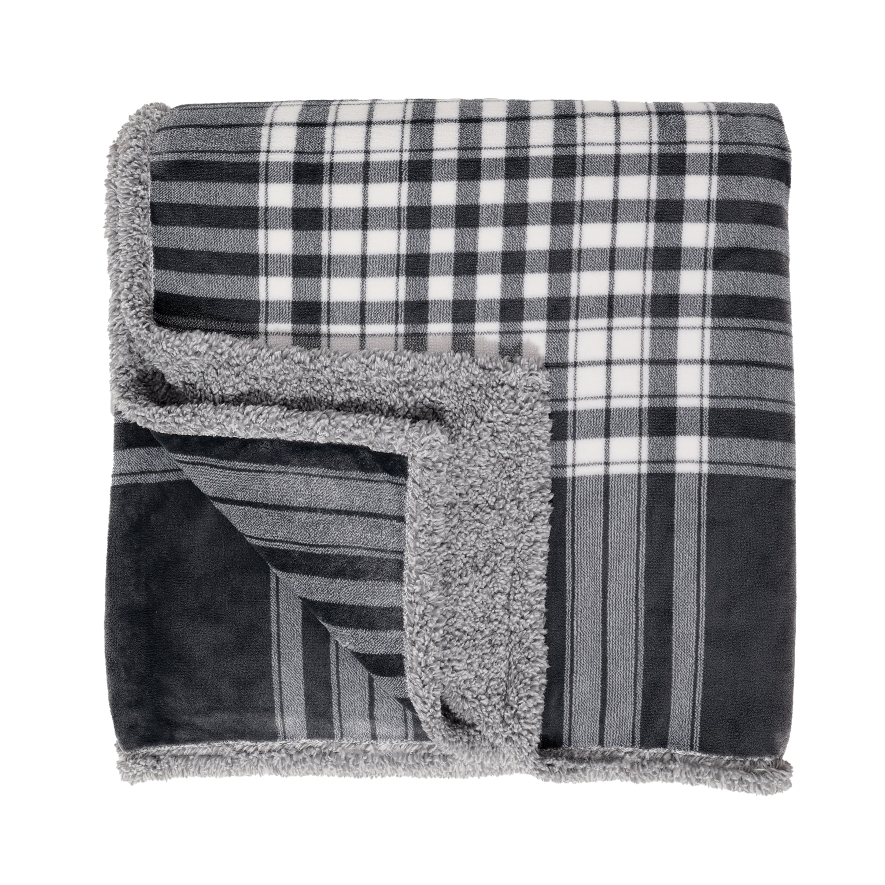 Berkshire Blanket Gray， White， Multi-Color Plaid Sherpa， Velvet Plush Reversible Bed Blanket Twin