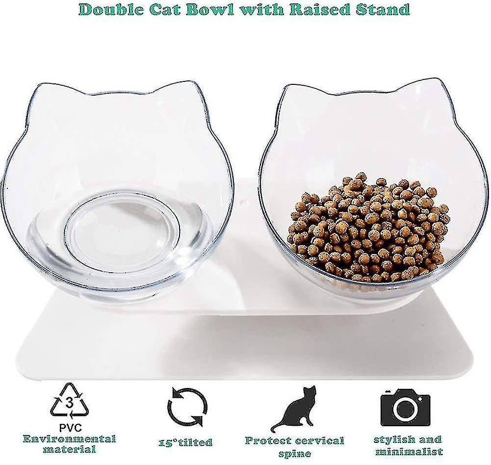 15elevated Cat Food Bowls With Silicone Pet Mat， Double Raised Cat Transparent Plastic Bowl With Stand， Stress-free Suit Compatible With Cats And Smal