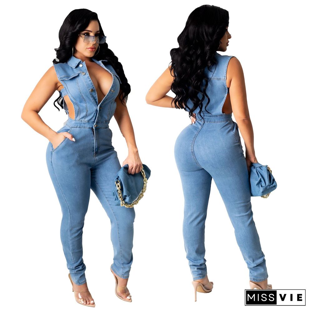 Plus Size Solid Sleeveless Side Hollow Out Button Up High Waist Bodycon Summer Denim Women Jumpsuits