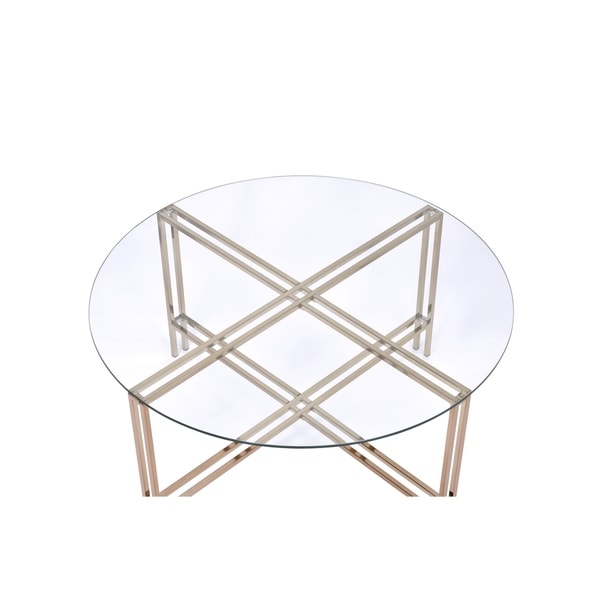 Coffee Table with X Shaped Metal Base and Round Glass Top， Gold