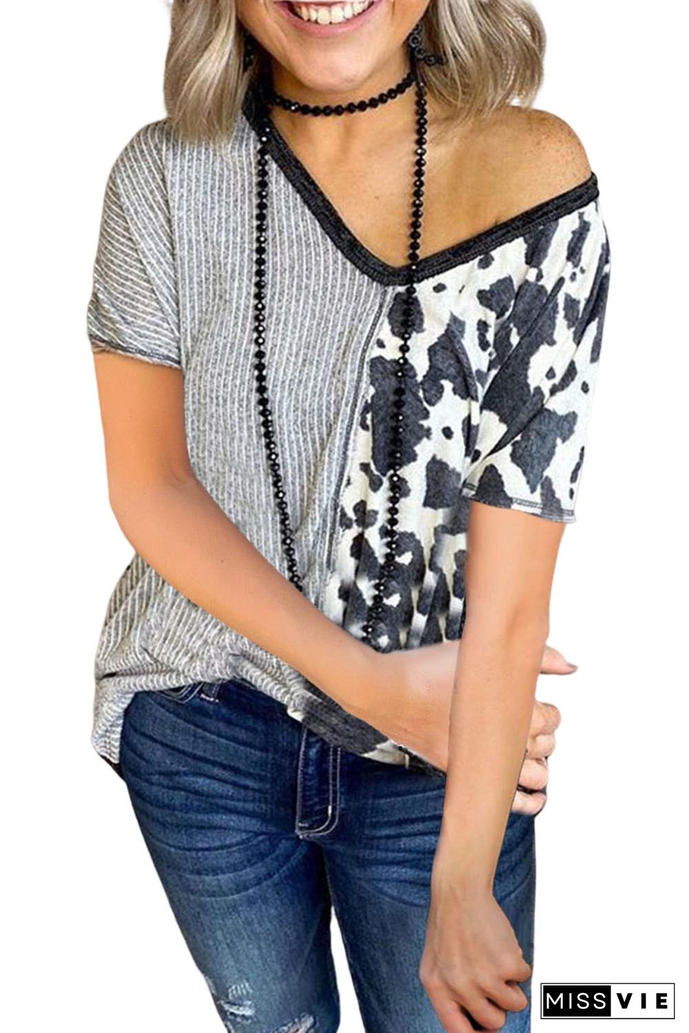 Gray Stripes & Cow Print Contrast V Neck Tee