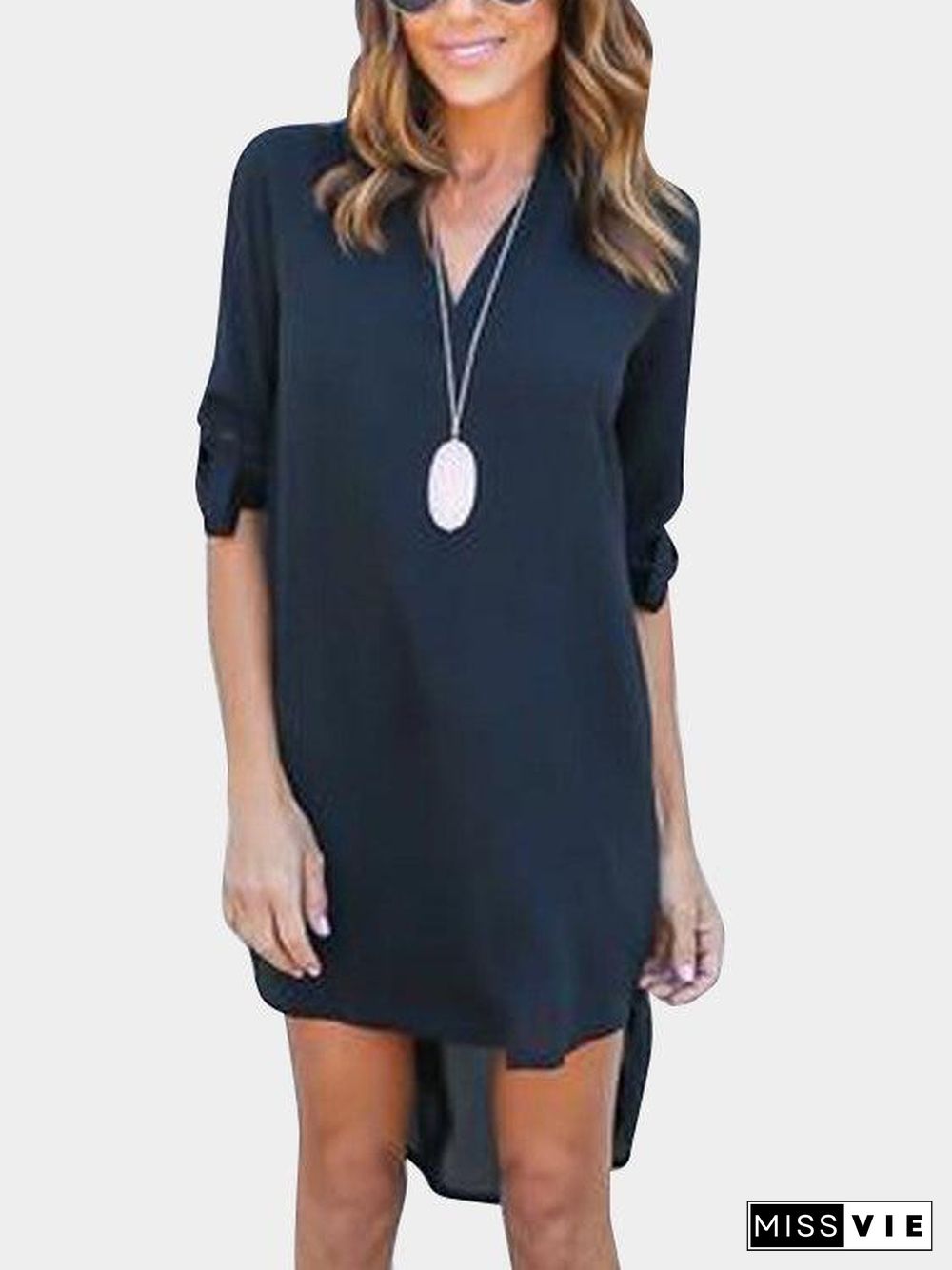 Black V-Neck Long Sleeves Irregular Hem Chiffon Dress