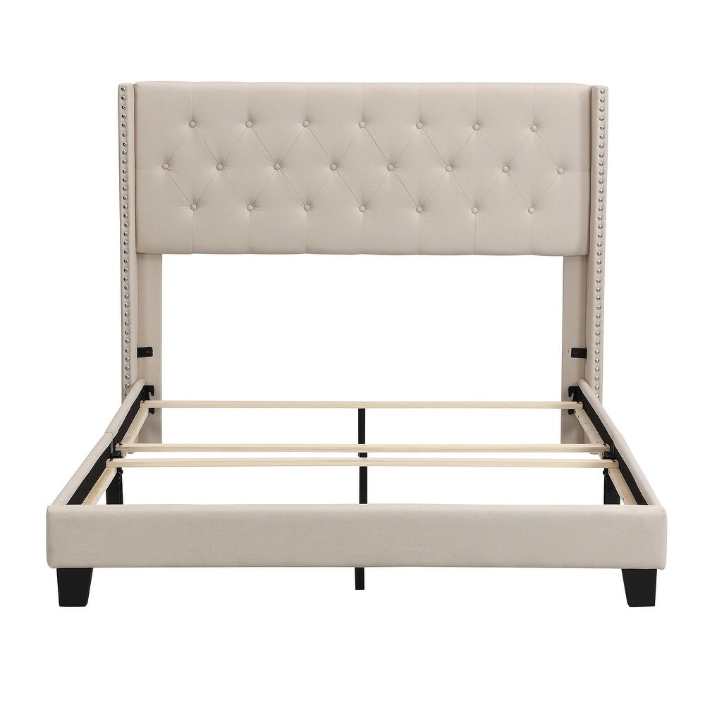 Elegant Design Queen Size Upholstered Platform Bed with Classic Linen Fabric Button Tufted Headboard  Box Spring Needed