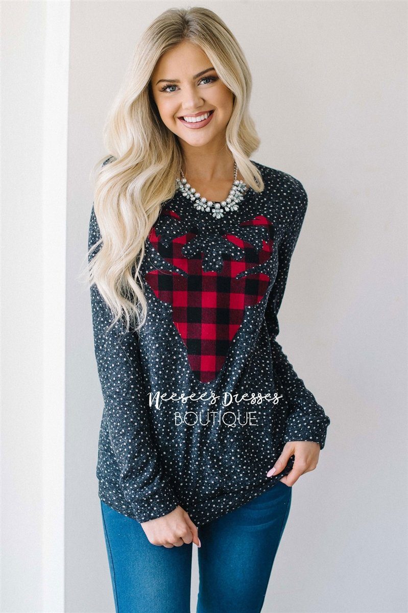 Falling Snow Plaid Reindeer Sweater