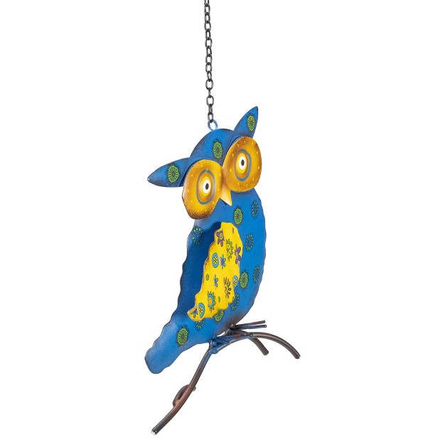 Blue And Yellow Metal Owl Outdoor Wall Hanging