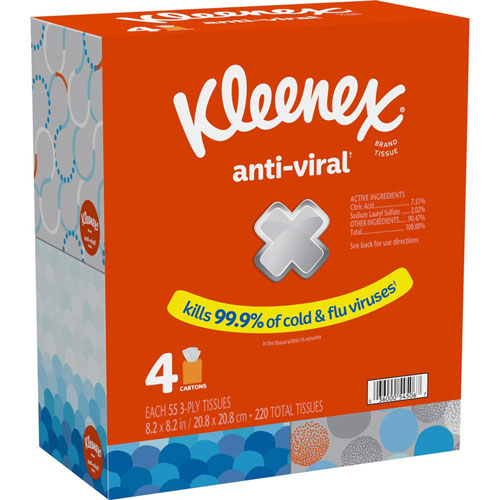 Kimberly-Clark Kleenex Anti-viral Facial Tissue - 3 Ply - White - Anti-viral | Soft - For Face， Business， Commercial - 55 Per Box - 4